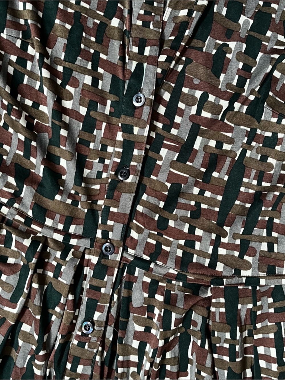 S SUNG Silk Button-Front Geometric Print Dress in Brown, Green & White Medium - Picture 11 of 16